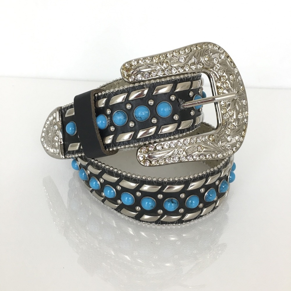 Women’s Faux Turquoise Western Stud Belt Black Leather Size XS Rhinestone Buckle